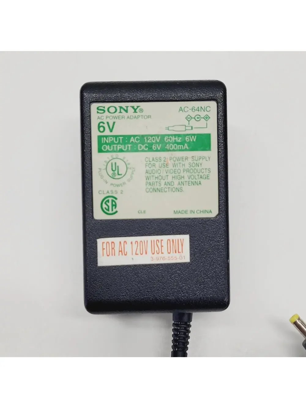 SONY AC Power Adaptor 6V 6 Volt 400mA 6W Genuine AC-64NC Tested Works Great VGC